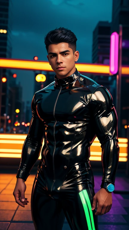a Mexican young man with a latex suit, six pack abs, topless, and bottomless, standing in a neon-lit city. The detailed features of the man's face include intense eyes, a sculpted nose, and full lips. His suit is shiny and form-fitting, emphasizing his muscular physique. The lighting is dramatic, with vibrant colors and contrasting shadows. The cityscape is filled with tall buildings adorned with neon lights, creating a futuristic atmosphere. The overall image quality is of the highest standard, with ultra-detailed rendering and a photorealistic style. The color scheme is vivid and dynamic, with bold hues and neon accents. The scene is illuminated by a combination of street lights, neon signs, and spotlights, creating a visually striking composition.
