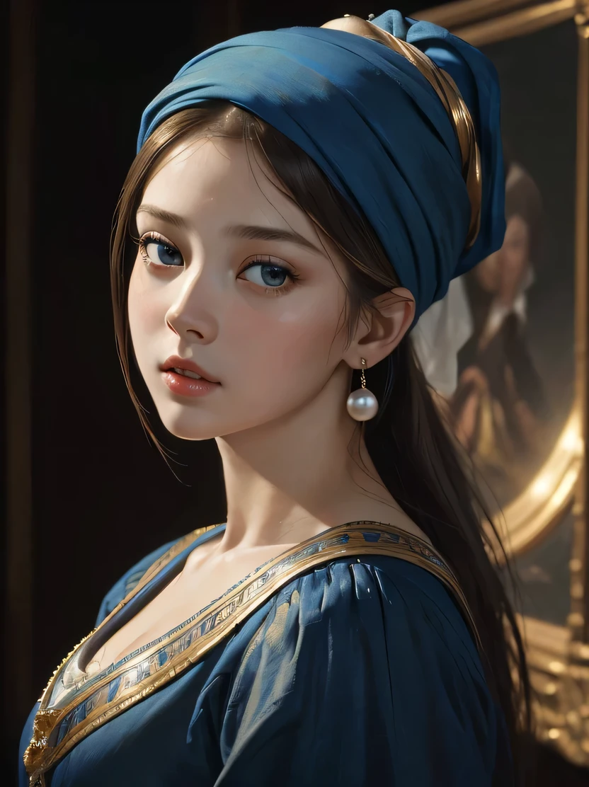 ((Masterpiece, top quality, highly detailed, high resolution, photorealistic, sharp focus, film lighting)), ((single beautiful woman, bust shot, focus from the chest up, face light)), Fell Mer's painting, Girl with a Pearl Earring, Girl with a Blue Turban, Oil Painting, Vermeer's Lighting, Johannes Vermeer's Works, Style Inspired by Vermeer and Caravaggio, Beautiful Fine Eyes, Beautiful Lips, Beautiful Face , long eyelashes, pearl earrings, high quality artwork, highly detailed oil painting, delicate details of the girl's eyes, looking back towards the viewer, Johmeer