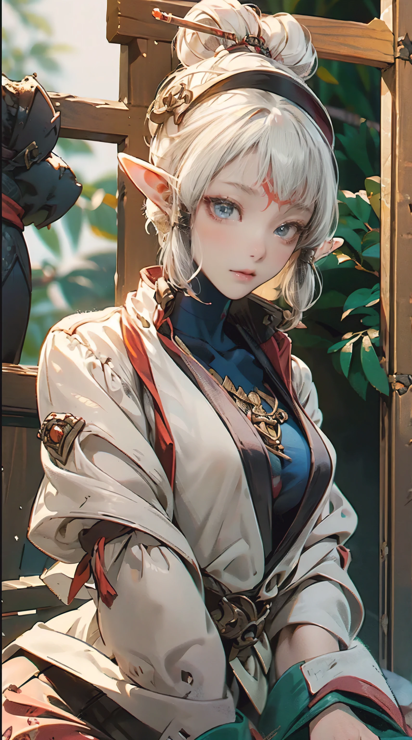 paya, a beautiful Extremely cute elf race face, 1girl, insanely detailed face and eyes, Perfect lips, pirate captain, Sunshine, hands on straw hat, red jacket, Sitting, closed shirt, pirate hat, looking at viewer, upper body, ABS, asymmetrical bangs, white blonde short hair, Small breast, digital painting, dramatic, cinematic lighting, fine expression, fine detail, masterpiece, fantasy art, illustration, masterpiece, digital art by Yusuke Murata.
