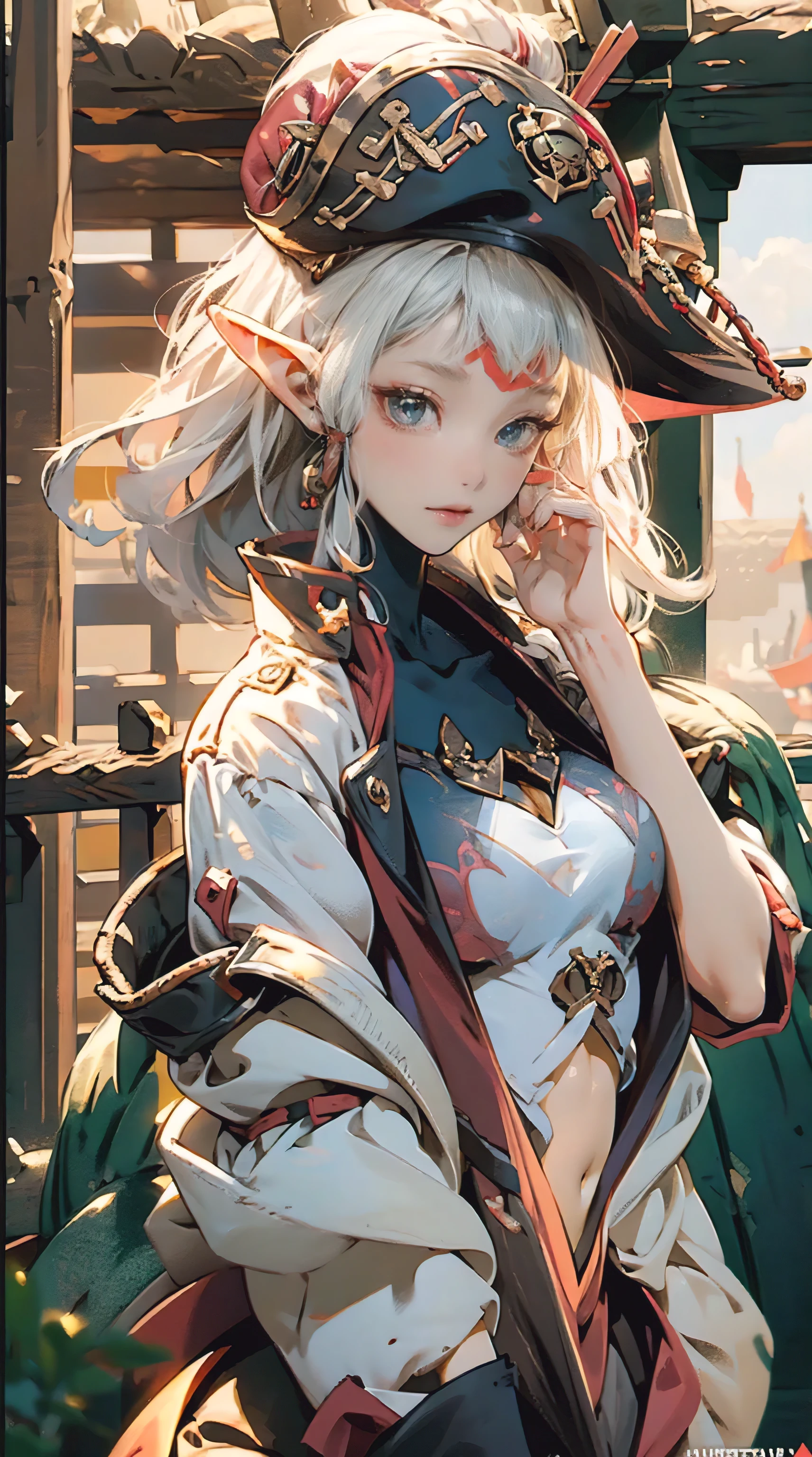 paya, a beautiful Extremely cute elf race face, 1girl, insanely detailed face and eyes, Perfect lips, pirate captain, Sunshine, hands on straw hat, red jacket, Sitting, closed shirt, pirate hat, looking at viewer, upper body, ABS, asymmetrical bangs, white blonde short hair, Small breast, digital painting, dramatic, cinematic lighting, fine expression, fine detail, masterpiece, fantasy art, illustration, masterpiece, digital art by Yusuke Murata.
