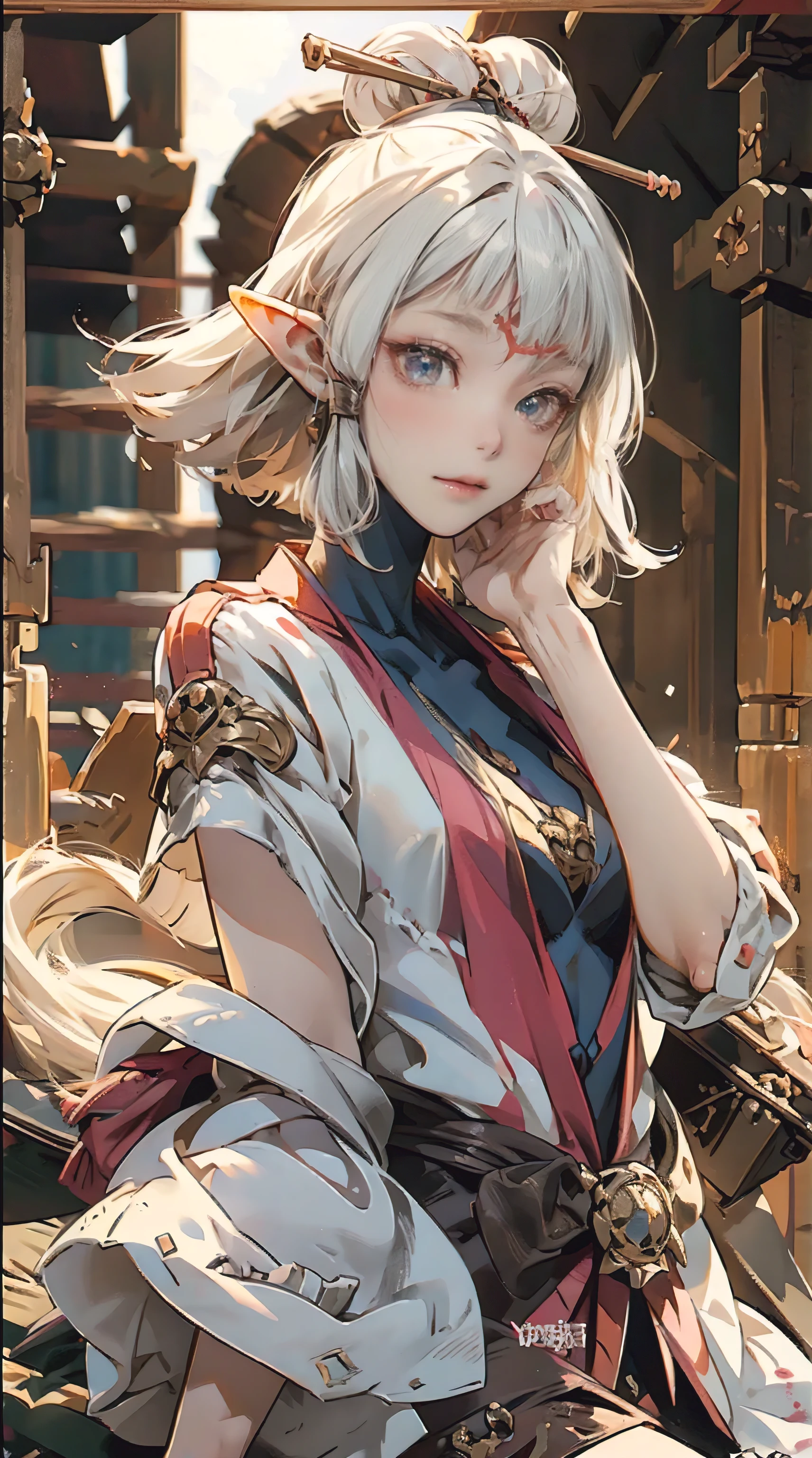 paya, a beautiful Extremely cute elf race face, 1girl, insanely detailed face and eyes, Perfect lips, pirate captain, Sunshine, hands on straw hat, red jacket, Sitting, closed shirt, pirate hat, looking at viewer, upper body, ABS, asymmetrical bangs, white blonde short hair, Small breast, digital painting, dramatic, cinematic lighting, fine expression, fine detail, masterpiece, fantasy art, illustration, masterpiece, digital art by Yusuke Murata.
