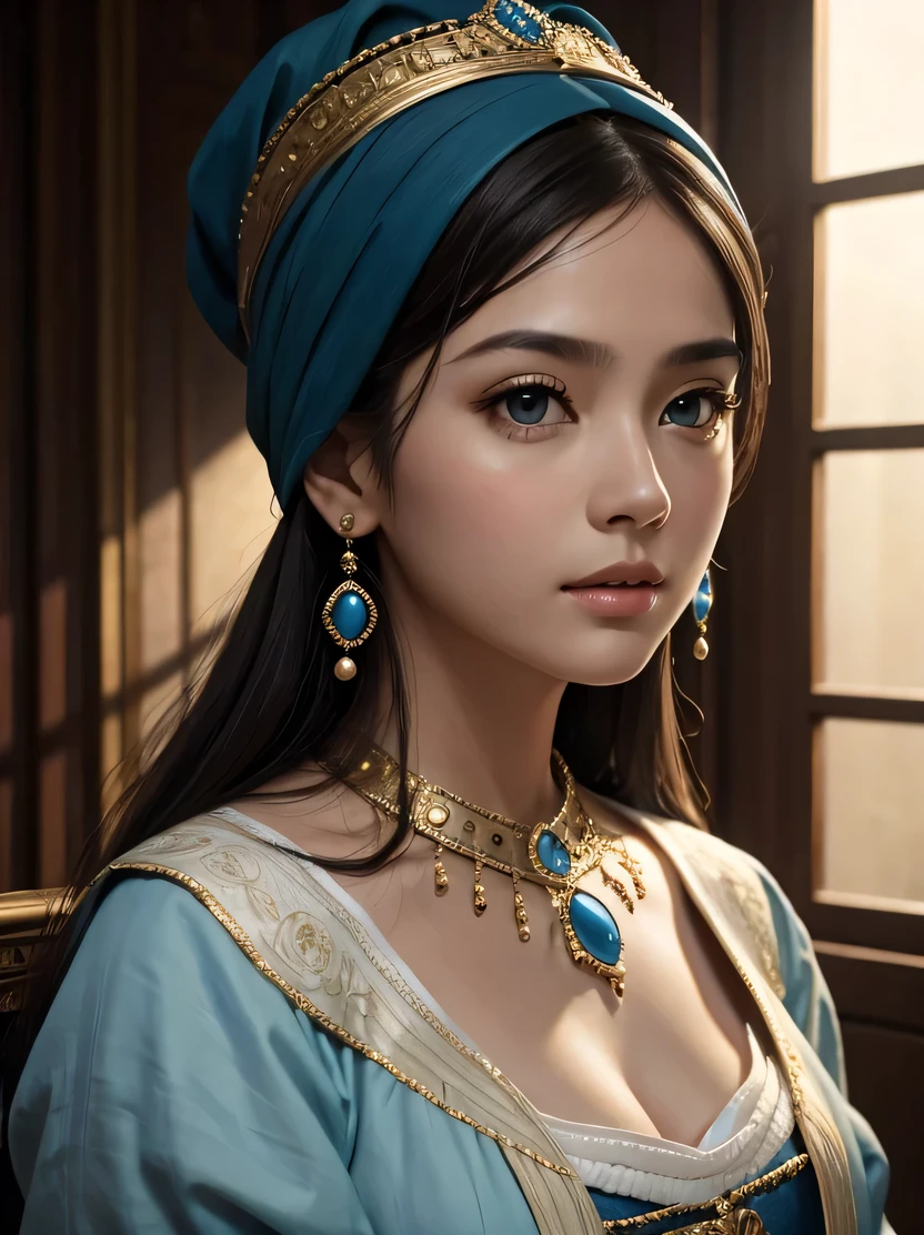 ((Masterpiece, top quality, highly detailed, high resolution, photorealistic, sharp focus, film lighting)), ((single beautiful woman, bust shot, focus from the chest up, face light)), Fell Mer painting, girl with a pearl earring, girl with a blue turban, blue oil painting, Vermeer lighting, works of Johannes Vermeer, style inspired by Vermeer and Caravaggio, beautiful fine eyes, beautiful lips, beautiful Eyes and face, long eyelashes, pearl earrings, high quality artwork, highly detailed oil painting, delicate details of the girl's eyes, looking back towards the viewer, Johmeer