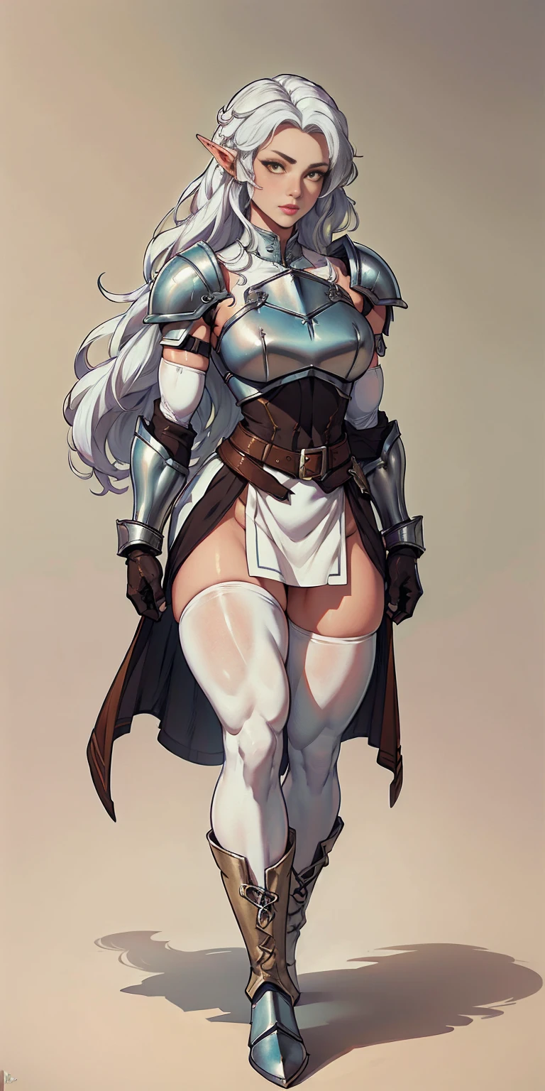 masterpiece, best quality, high quality, white SKIN elf, long hair, white hair, yellow eyes, full body, def_effie, blue breastplate, white skin, looking at viewer, shiny,armor, thighhighs, high boots,shoulder armor, faulds, poleyn, gloves, gauntlets