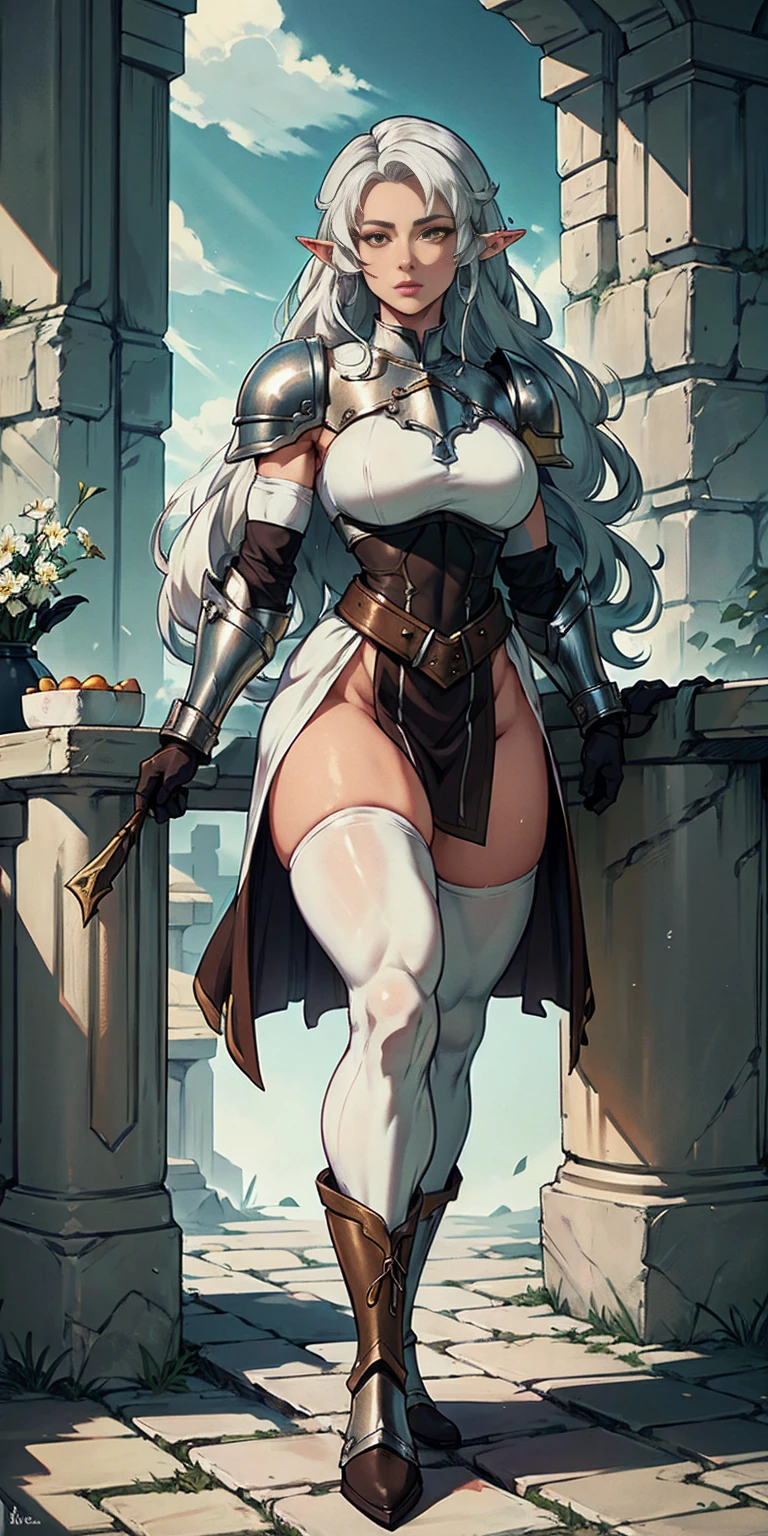 masterpiece, best quality, high quality, white SKIN elf, long hair, white hair, yellow eyes, full body, def_effie, blue breastplate, white skin, looking at viewer, shiny,armor, thighhighs, high boots,shoulder armor, faulds, poleyn, gloves, gauntlets