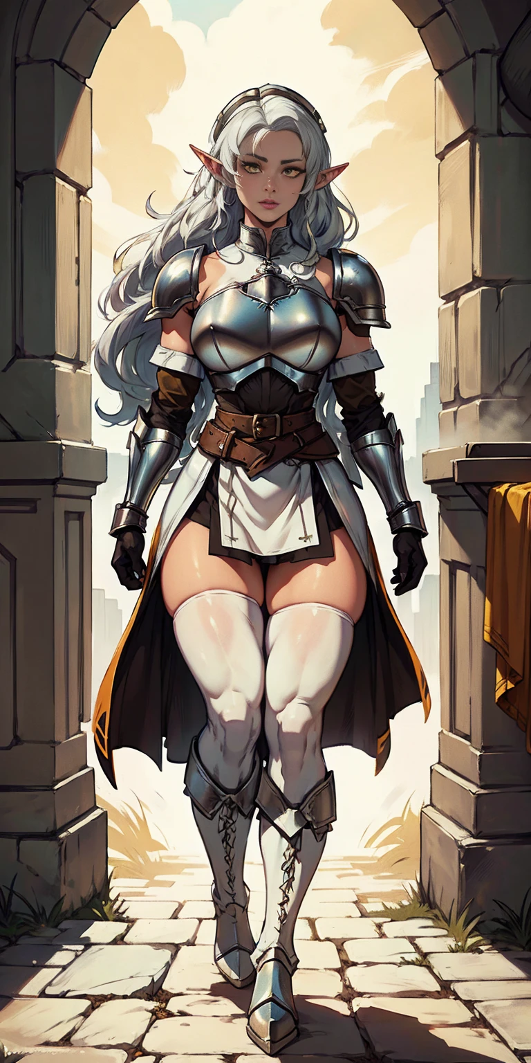 masterpiece, best quality, high quality, white SKIN elf, long hair, white hair, yellow eyes, full body, def_effie, blue breastplate, white skin, looking at viewer, shiny,armor, thighhighs, high boots,shoulder armor, faulds, poleyn, gloves, gauntlets