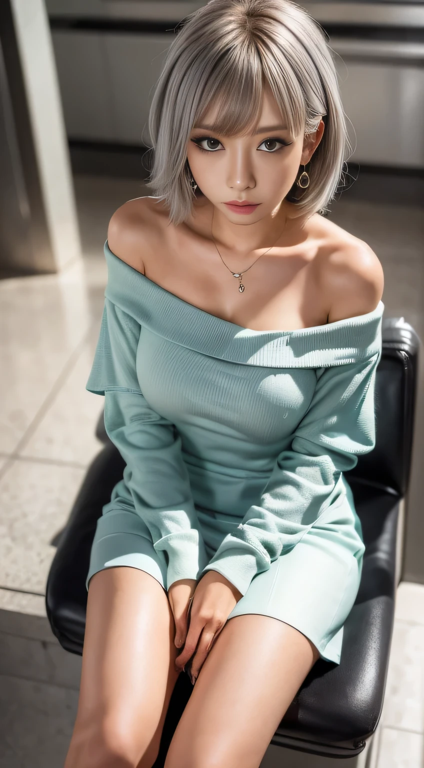 masterpiece, 8k, Award-winning photo, photoRealistic, Realistic, Very detailed, Ultra-high resolution, Ray Trakun, ///one person, The most beautiful, 20-year-old , (sexy, Japanese Idols), (Gray Hair:1.2),///Human details Shiny skin , Detailed skin , Beautifully detailed face , Beautiful details , beautiful 歯, /// (double eyelid, Droopy eyes), Natural Lip, (Brightly colored large breasts:1.2), Sunburn, ///(((whole body, sit,Crossing your legs))), (From above:1.3), Remember, ///office, Blurred Background, Very detailed background, /// Earrings,necklace,(Off-the-shoulder blouse:1.5),Tight skirt,A well-trained body,logic ///Finished ultra-Realistic textures, RAW Photos,Shine,Troubled expression,(Sweaty body:1.3)
///Finished ultra-Realistic textures, RAW Photos,Shine,Troubled expression,（Wet body:1.8）