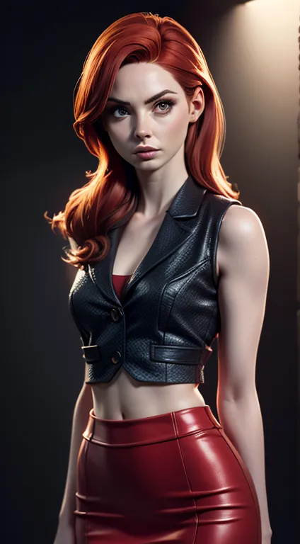 photo of karen gillan, beautiful woman hair red, sexy pose, sexy figure, (medium breasts:1.3), (cropped vest black and red color...