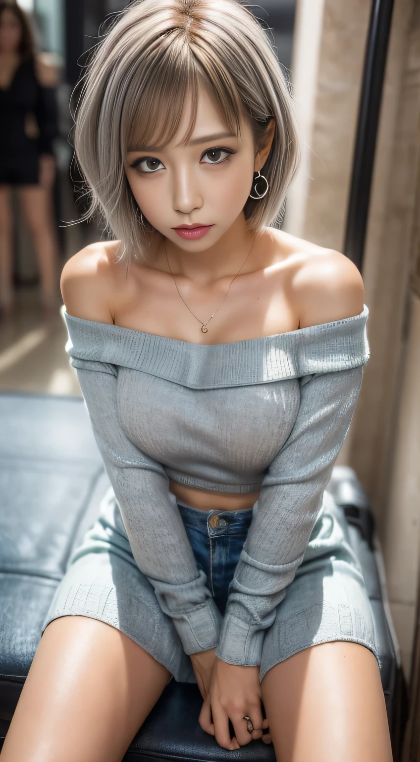 masterpiece, 8k, Award-winning photo, photoRealistic, Realistic, Very detailed, Ultra-high resolution, Ray Trakun, ///one person, The most beautiful, 20-year-old , (sexy, Japanese Idols), (Gray Hair:1.2),///Human details Shiny skin , Detailed skin , Beautifully detailed face , Beautiful details , beautiful 歯, /// (double eyelid, Droopy eyes), Natural Lip, (Brightly colored large breasts:1.2), Sunburn, ///(((whole body, sit,Crossing your legs))), (From above:1.3), Remember, ///office, Blurred Background, Very detailed background, /// Earrings,necklace,(Off-the-shoulder knitwear:1.5),Shorts,A well-trained body,logic ///Finished ultra-Realistic textures, RAW Photos,Shine,Troubled expression,(Sweaty body:1.3)
///Finished ultra-Realistic textures, RAW Photos,Shine,Troubled expression,（Wet body:1.8）