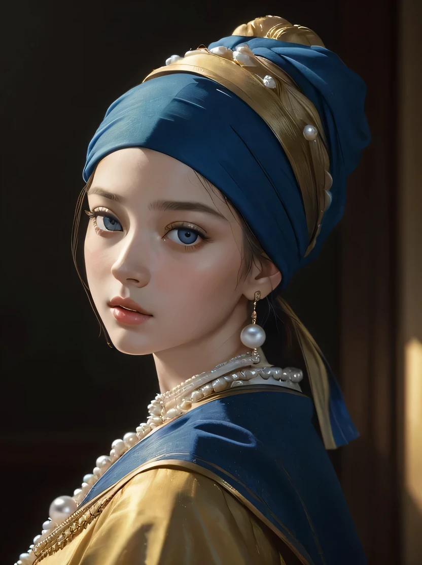 ((Masterpiece, top quality, highly detailed, high resolution, photorealistic, sharp focus, film lighting)), ((single beautiful woman, bust shot, focus from the chest up, face light)), Fell Mer's painting, Girl with a Pearl Earring, Girl with a Blue Turban, Oil Painting, Vermeer's Lighting, Johannes Vermeer's Works, Style Inspired by Vermeer and Caravaggio, Beautiful Fine Eyes, Beautiful Lips, Beautiful Face , long eyelashes, pearl earrings, high quality artwork, highly detailed oil painting, delicate details of the girl's eyes, looking back towards the viewer, Johmeer