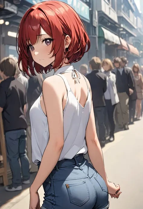 shyness　girl　high resolution　red hair　bob short　jeans　look back