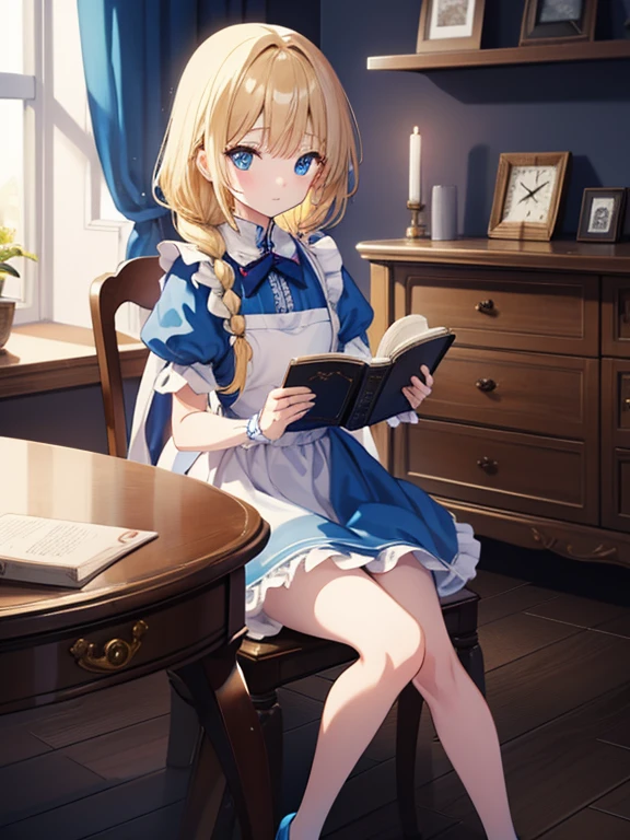 (8k, highest quality, Tabletop:1.2)、Artwork, figure, Wide angle, Ultra-high resolution、Alice in Wonderland, One 12-year-old girl, Detailed face、blue eyes, Blonde, Braid, Blue Dress, White apron, Clothes with bulging sleeves, A room full of clocks, A little dark room, Evening Party, Sit down and read a book