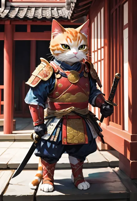 A three-colored cat, Small size , With armor and katana, with a provocative expression ，Japanese Temple