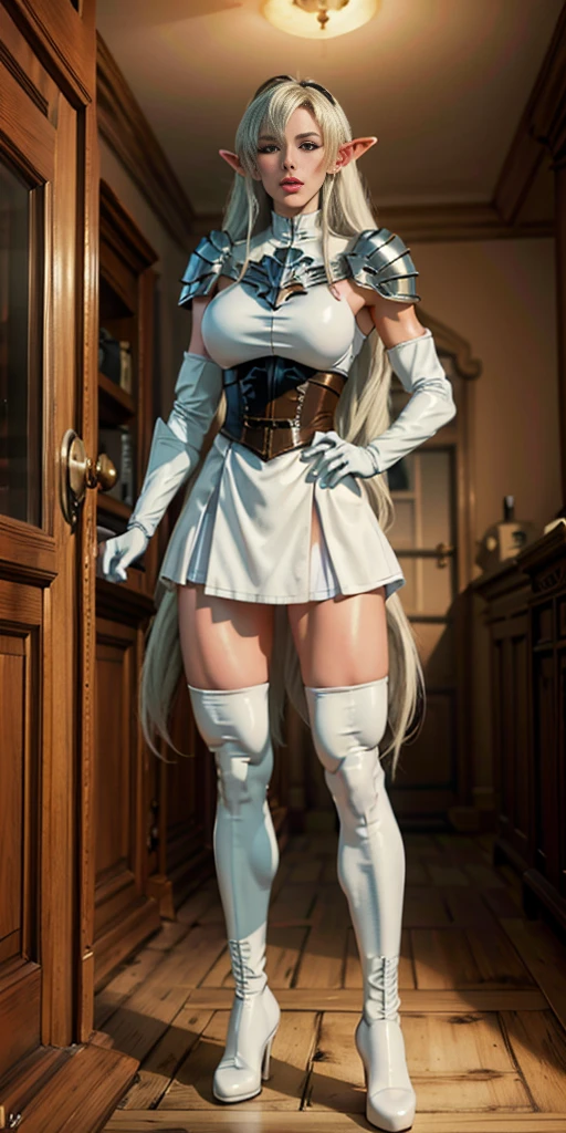 masterpiece, best quality, high quality, white SKIN elf, long hair, white hair, yellow eyes, full body, def_effie, blue breastplate, white skin, looking at viewer, shiny, armor, thigh highs, high boots, shoulder armor, faulds, poleyn, gloves, gauntlets