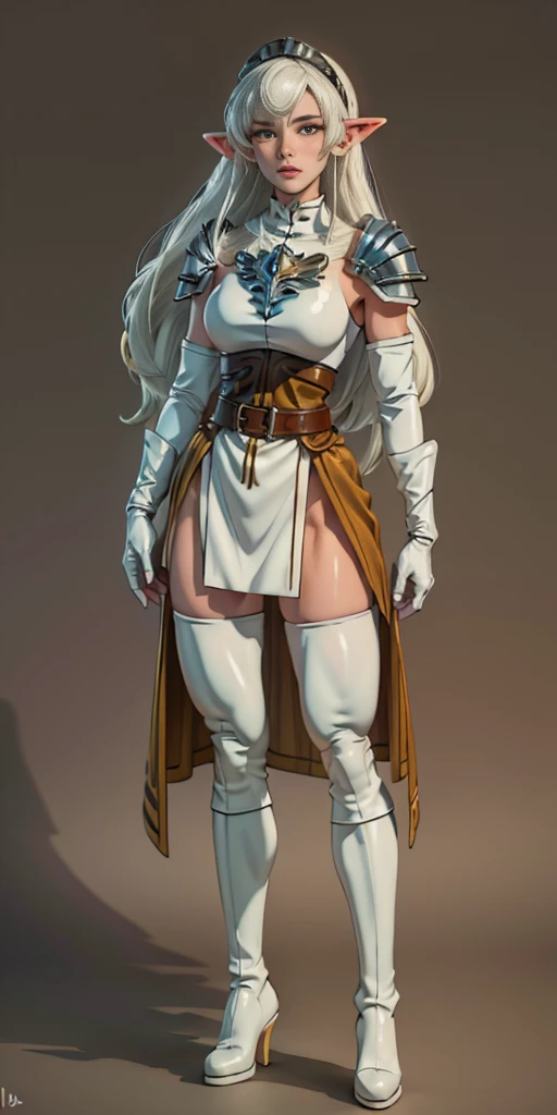 masterpiece, best quality, high quality, white SKIN elf, long hair, white hair, yellow eyes, full body, def_effie, blue breastplate, white skin, looking at viewer, shiny, armor, thigh highs, high boots, shoulder armor, faulds, poleyn, gloves, gauntlets