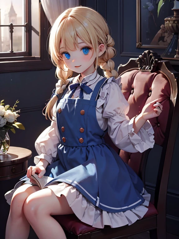 (8k, highest quality, Tabletop:1.2)、Artwork, figure, Wide angle, Ultra-high resolution、Alice in Wonderland, One 12-year-old girl, Detailed face、blue eyes, Blonde, Braid, Blue Dress, White apron, Clothes with bulging sleeves, Long skirt, In a room with a big clock, A little dark room, Sit on a chair, I read a book