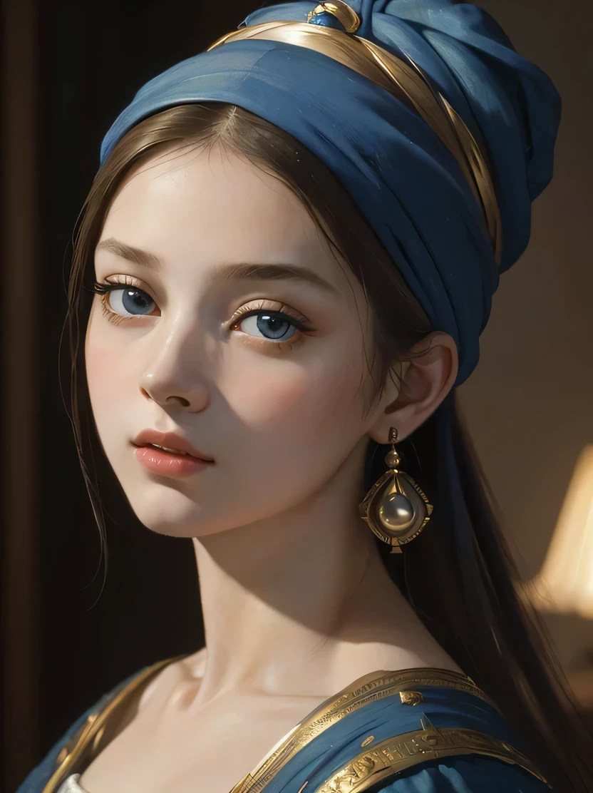 ((Masterpiece, top quality, highly detailed, high resolution, photorealistic, sharp focus, film lighting)), ((single beautiful woman, bust shot, focus from the chest up, face light)), Fell Mer's painting, Girl with a Pearl Earring, Girl with a Blue Turban, Oil Painting, Vermeer's Lighting, Johannes Vermeer's Works, Style Inspired by Vermeer and Caravaggio, Beautiful Fine Eyes, Beautiful Lips, Beautiful Face , long eyelashes, pearl earrings, high quality artwork, highly detailed oil painting, delicate details of the girl's eyes, looking back towards the viewer, Johmeer