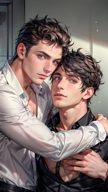 Black hair, short hair, 2 males, Delicate face、Mature Boy、white button up, grey eyes, masterpiece, best quality, 2 males, teasing each other, seductive looking at each other, romance, bare chest, black long hair, white short hair, hot, sexy, attractive, finely detailed eyes and detailed face, close up, dynamic angle, touching each other