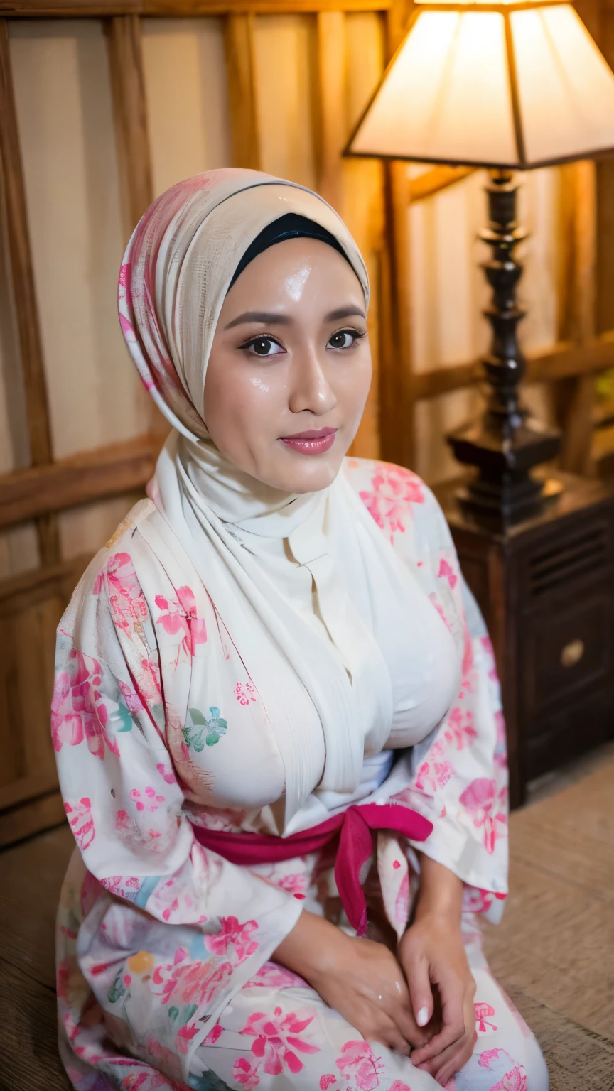 (4), Geisha professionnelle, ((MILF indonésienne hijab)), ((Maman de sucre)), grand , Yukata Serré, (Yukata ouvert), corps potelé, pressant , dans une chambre en désordre, Lumière brillante, le jour, (beaucoup de sperme liquide couvre tout son visage).