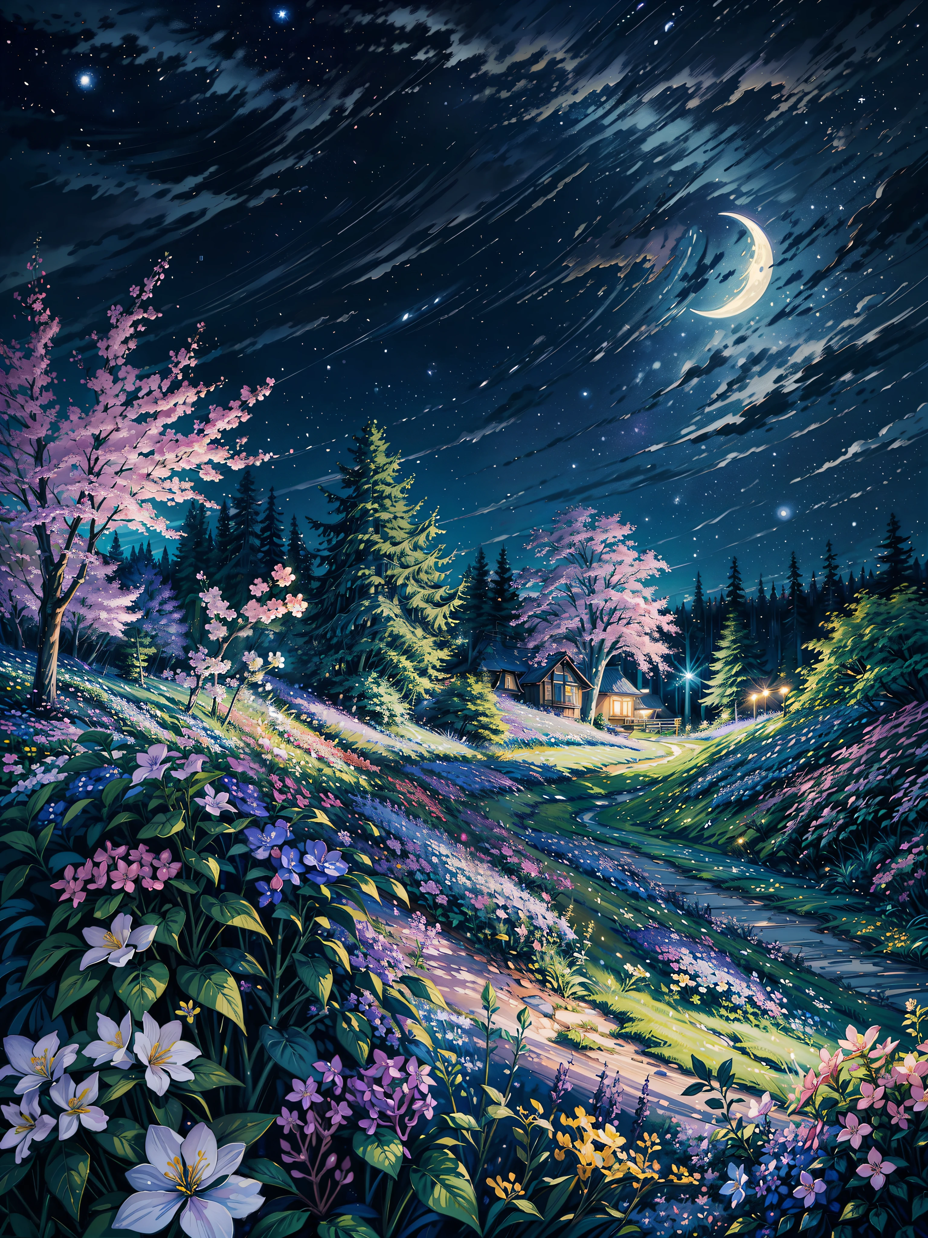 ein Gemälde eines Nachthimmels mit einem Halbmond, Nachthimmel voller Blumen, Fliederbüsche, Mondlicht scheint auf Wildblumen, detaillierte Gouache-Gemälde, sternenklare Nacht Malerei, Bäume und Blumen, lush Bäume und Blumen, Blumenfeld in der Nacht, realistische Blumen Ölgemälde, Blumenspritzermalerei, Zuckerwatte-Büsche, Blumen und Bäume, Lumineszierendes Ölgemälde