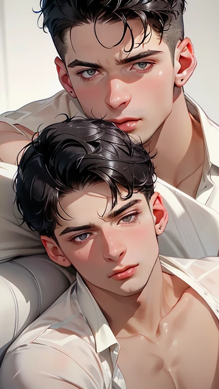 Black hair, short hair, 2 males, Delicate face、Mature Boy、white button up, grey eyes, masterpiece, best quality, 2 males, teasing each other, seductive looking at each other, romance, bare chest, black long hair, white short hair, hot, sexy, attractive, finely detailed eyes and detailed face, close up, dynamic angle, touching each other