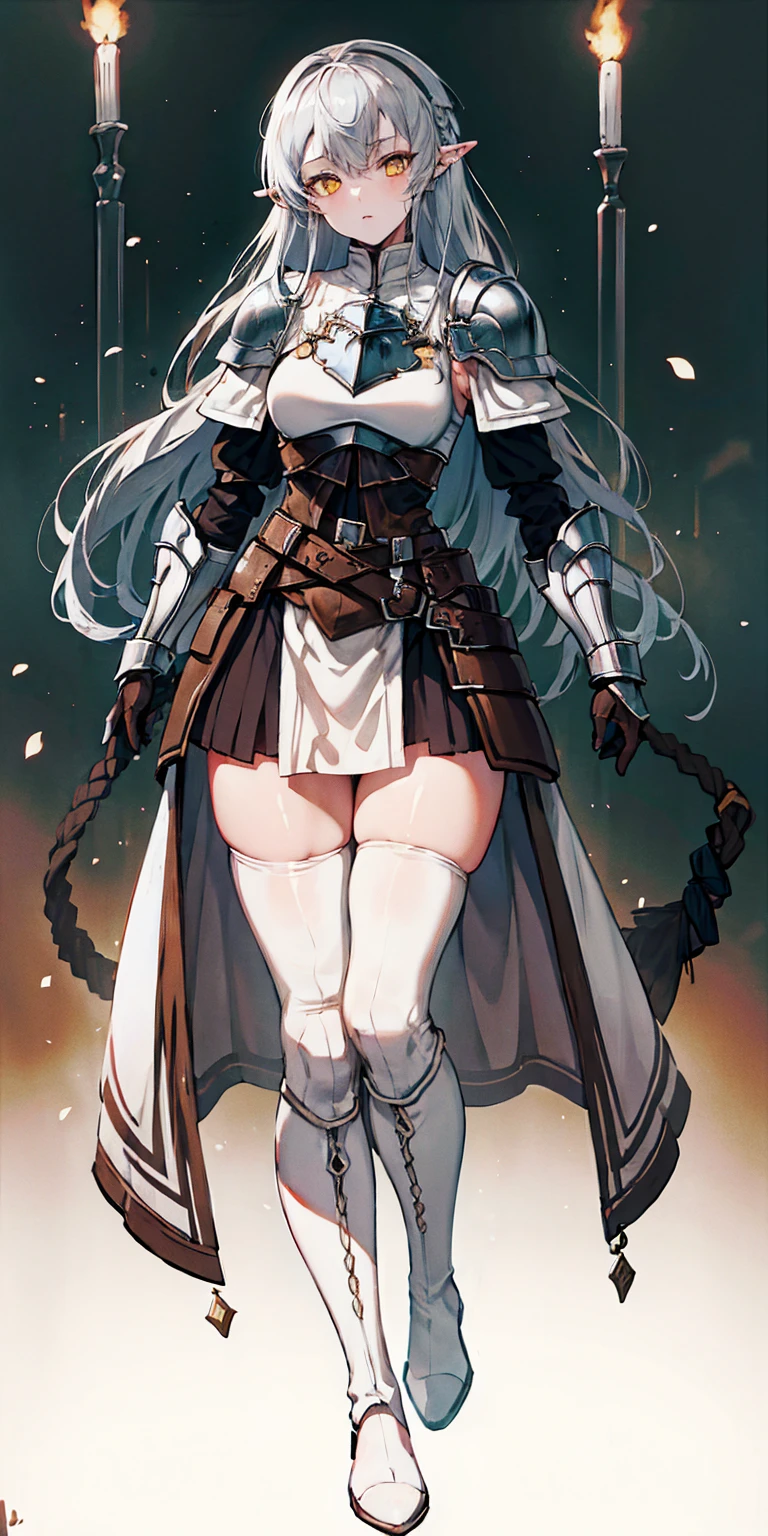 masterpiece, best quality, high quality, white SKIN elf, long hair, white hair, yellow eyes, full body, def_effie, blue breastplate, white skin, looking at viewer, shiny, armor, thigh highs, high boots, shoulder armor, faulds, poleyn, gloves, gauntlets