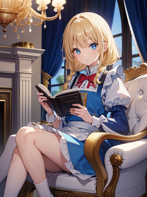 (8k, highest quality, Tabletop:1.2)、Ultra-high resolution、Alice in Wonderland, One , Detailed face、blue eyes, Blonde, Braid, Blue Dress, White apron, Clothes with bulging sleeves, Long skirt, room with fireplace, chandelier, Sit on a chair, I read a book