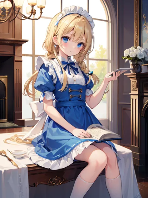 (8k, highest quality, Tabletop:1.2)、Ultra-high resolution、Alice in Wonderland, One 12-year-old girl, Detailed face、blue eyes, Bl...