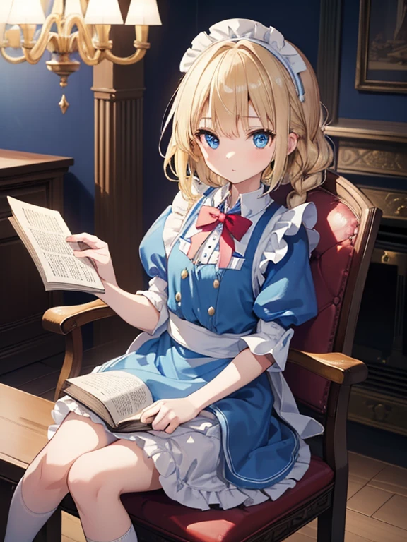 (8k, highest quality, Tabletop:1.2)、Ultra-high resolution、Alice in Wonderland, One 12-year-old girl, Detailed face、blue eyes, Blonde, Braid, Blue Dress, White apron, Clothes with bulging sleeves, Long skirt, room with fireplace, chandelier, Sit on a chair, I read a book