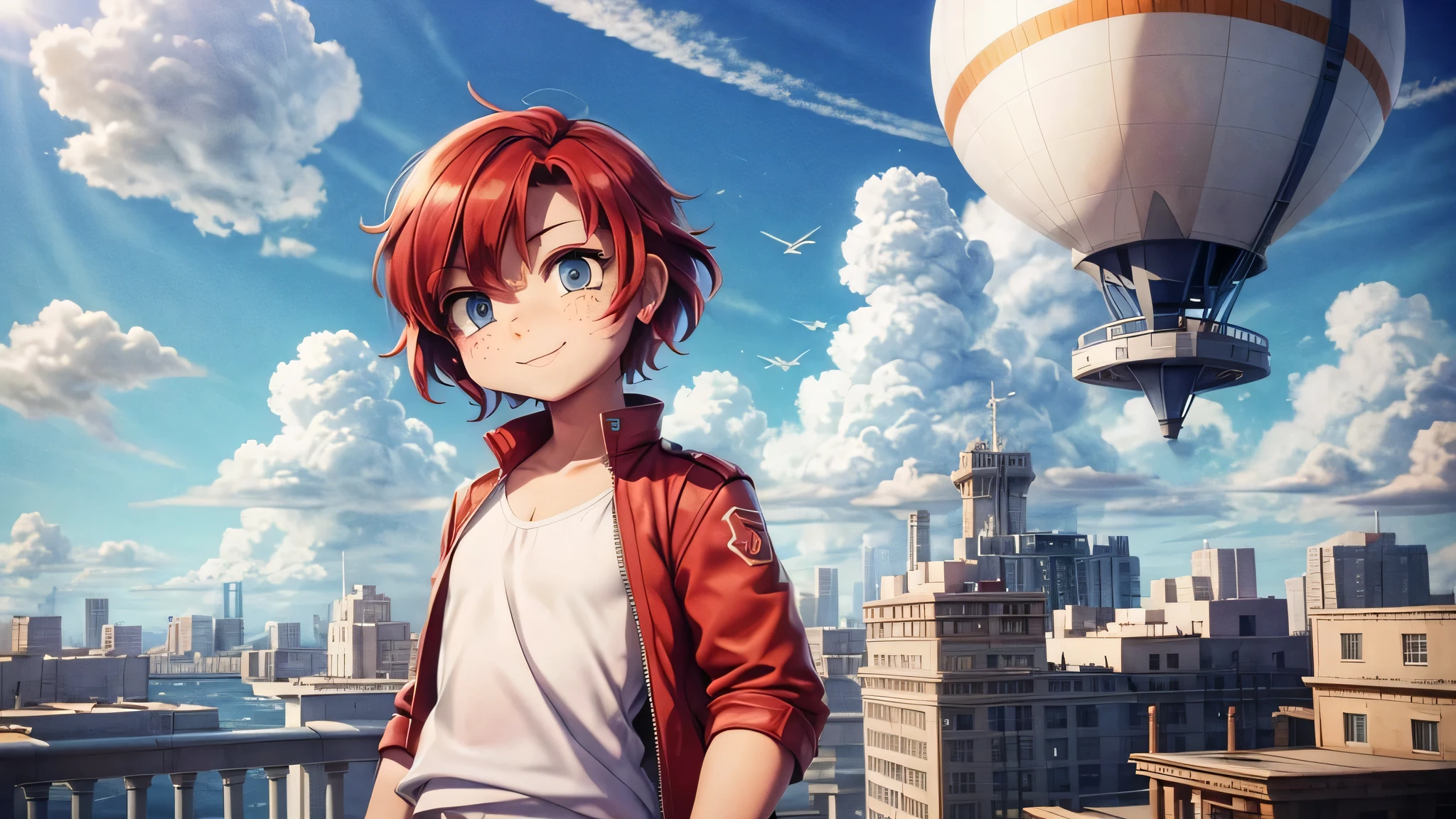 Girl in the Sky１people,Futuristic buildings,Flying Airship,Blue sky,Flowing Clouds,Be on the roof,Looking up at the sky in the distance,Short Hair,Shortcuts,Red hair color,Blue Eyes,11 years old,boyish,Asian people,smile,Primary school students,Sunburned skin,Being thin,freckles,White shorts,White tank top,Red jacket,High angle,