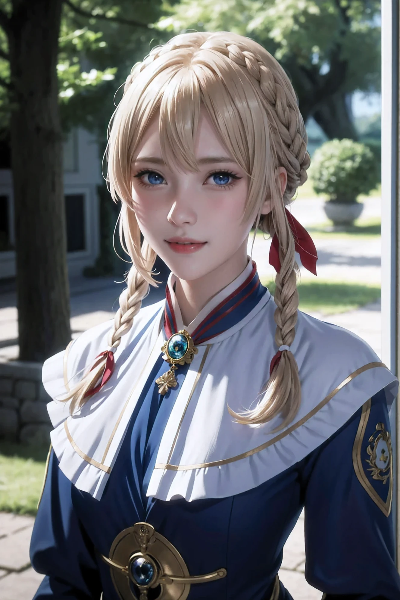 violet evergarden masterpiece, best quality, 1girl, solo, blonde hair, blue eyes, hair between eyes, looking at viewer, ribbon, red ribbon, braid, hair ribbon, jacket, blue jacket, jewelry, bangs, outdoors, brooch, hair intakes, anime coloring, ascot, blurry background, blurry, white ascot, tree, closed mouth, portrait, daygrass