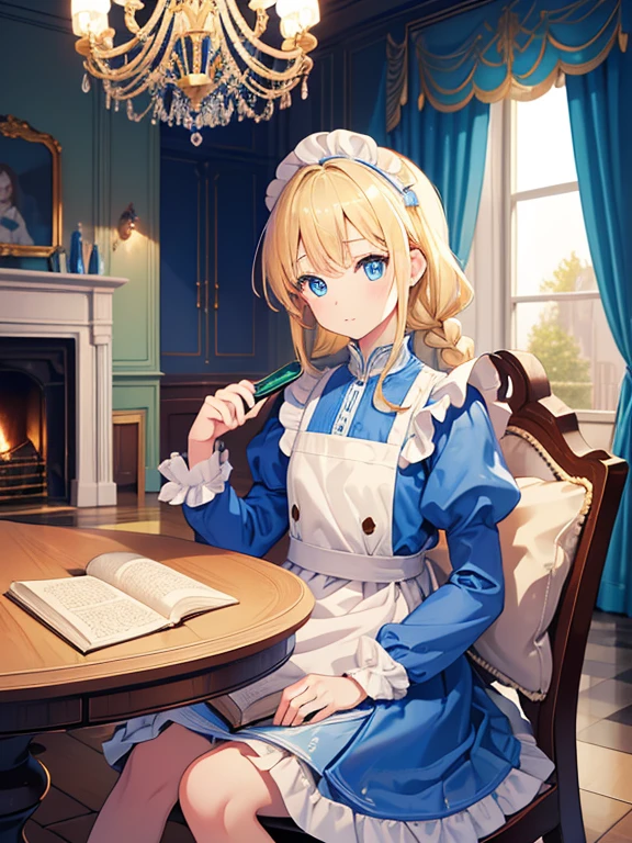(8k, highest quality, Tabletop:1.2)、Ultra-high resolution、Alice in Wonderland, One 12-year-old girl, Detailed face、blue eyes, Blonde, Braid, Blue Dress, White apron, Clothes with bulging sleeves, Long skirt, room with fireplace, chandelier, Sit on a chair, I read a book