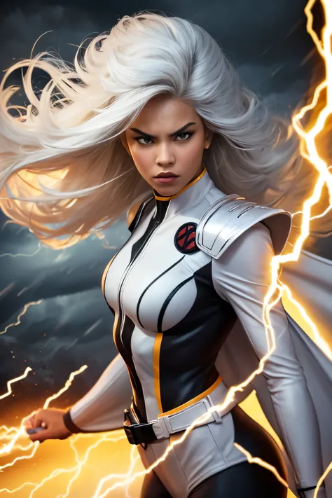 best quality,highres,ultra-detailed,realistic:1.37,professional,dynamic,action shot,storm character art,storm from the X-Men,sto...