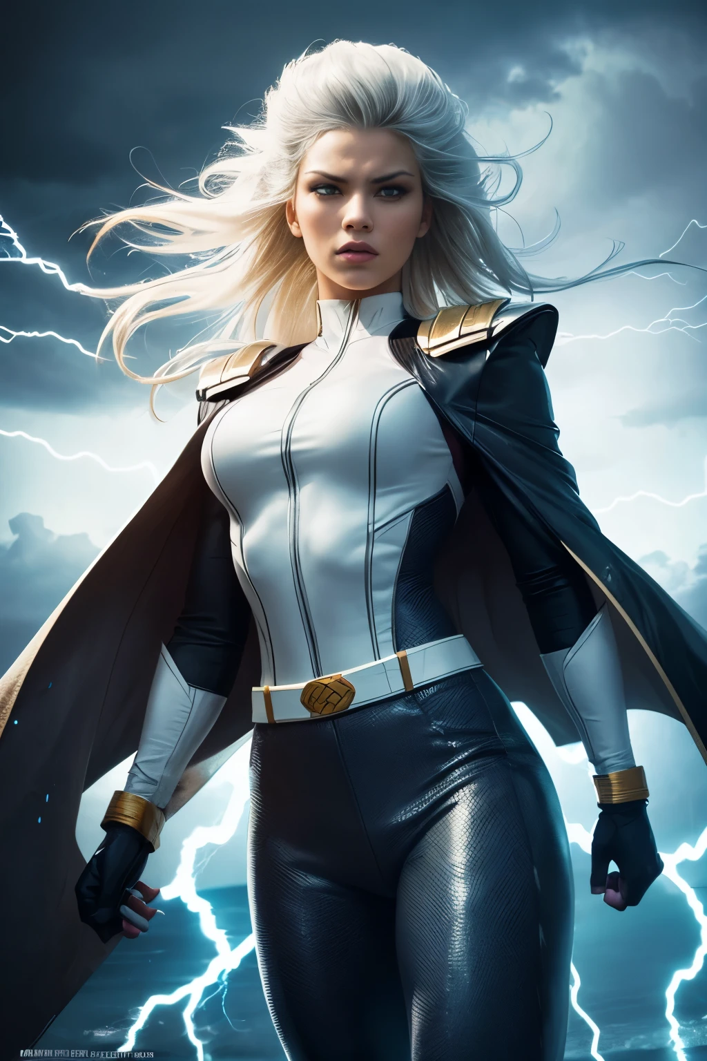 best quality,highres,ultra-detailed,realistic:1.37,professional,dynamic,action shot,storm character art,storm from the X-Men,storm conjuring lightning,storm with flowing white hair,storm with intense gaze,storm in a powerful pose,strong facial features,storm's iconic cape,storm surrounded by storm clouds,storm with dramatic lighting,storm's eyes glowing white,storm's lightning powers crackling,storm with an intense expression,storm with a determined look,storm wearing her classic costume,storm floating in the air,storm with winds swirling around her,storm creating a thunderstorm,storm casting lightning bolts,storm's cape billowing in the wind,storm with a fierce and confident posture,vivid colors,bokeh,portrait