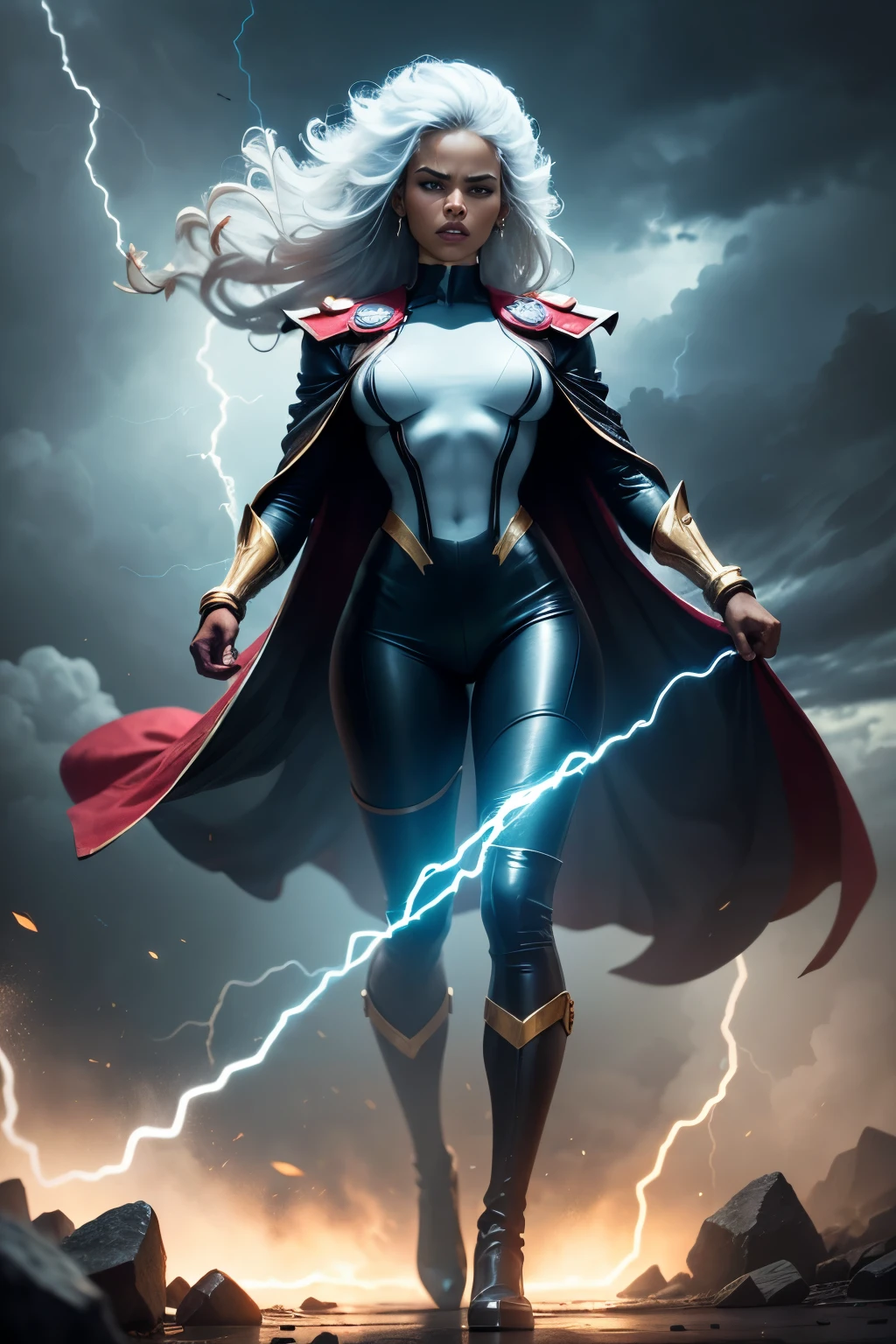 best quality,highres,ultra-detailed,realistic:1.37,professional, black skin, dynamic,action shot,storm character art,storm from the X-Men,storm conjuring lightning,storm with flowing white hair,storm with intense gaze,storm in a powerful pose,strong facial features,storm's iconic cape,storm surrounded by storm clouds,storm with dramatic lighting,storm's eyes glowing white,storm's lightning powers crackling,storm with an intense expression,storm with a determined look,storm wearing her classic costume,storm floating in the air,storm with winds swirling around her,storm creating a thunderstorm,storm casting lightning bolts,storm's cape billowing in the wind,storm with a fierce and confident posture,vivid colors,bokeh,portrait