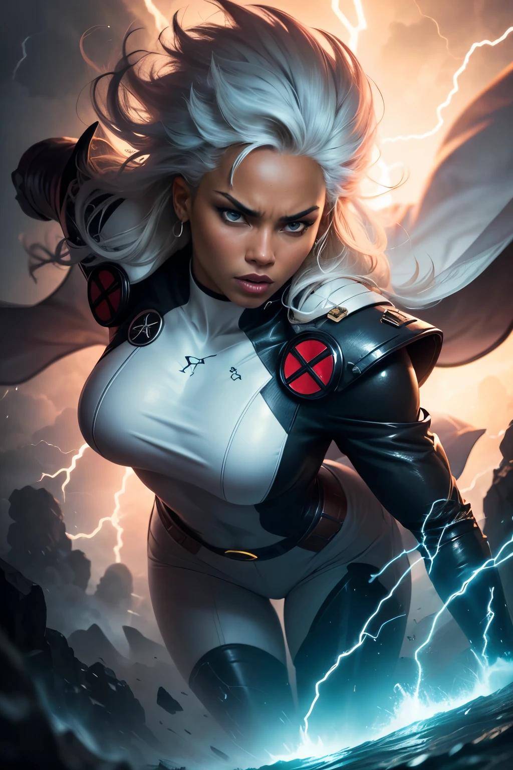 best quality,highres,ultra-detailed,realistic:1.37,professional, black skin, dynamic,action shot,storm character art,storm from the X-Men,storm conjuring lightning,storm with flowing white hair,storm with intense gaze,storm in a powerful pose,strong facial features,storm's iconic cape,storm surrounded by storm clouds,storm with dramatic lighting,storm's eyes glowing white,storm's lightning powers crackling,storm with an intense expression,storm with a determined look,storm wearing her classic costume,storm floating in the air,storm with winds swirling around her,storm creating a thunderstorm,storm casting lightning bolts,storm's cape billowing in the wind,storm with a fierce and confident posture,vivid colors,bokeh,portrait