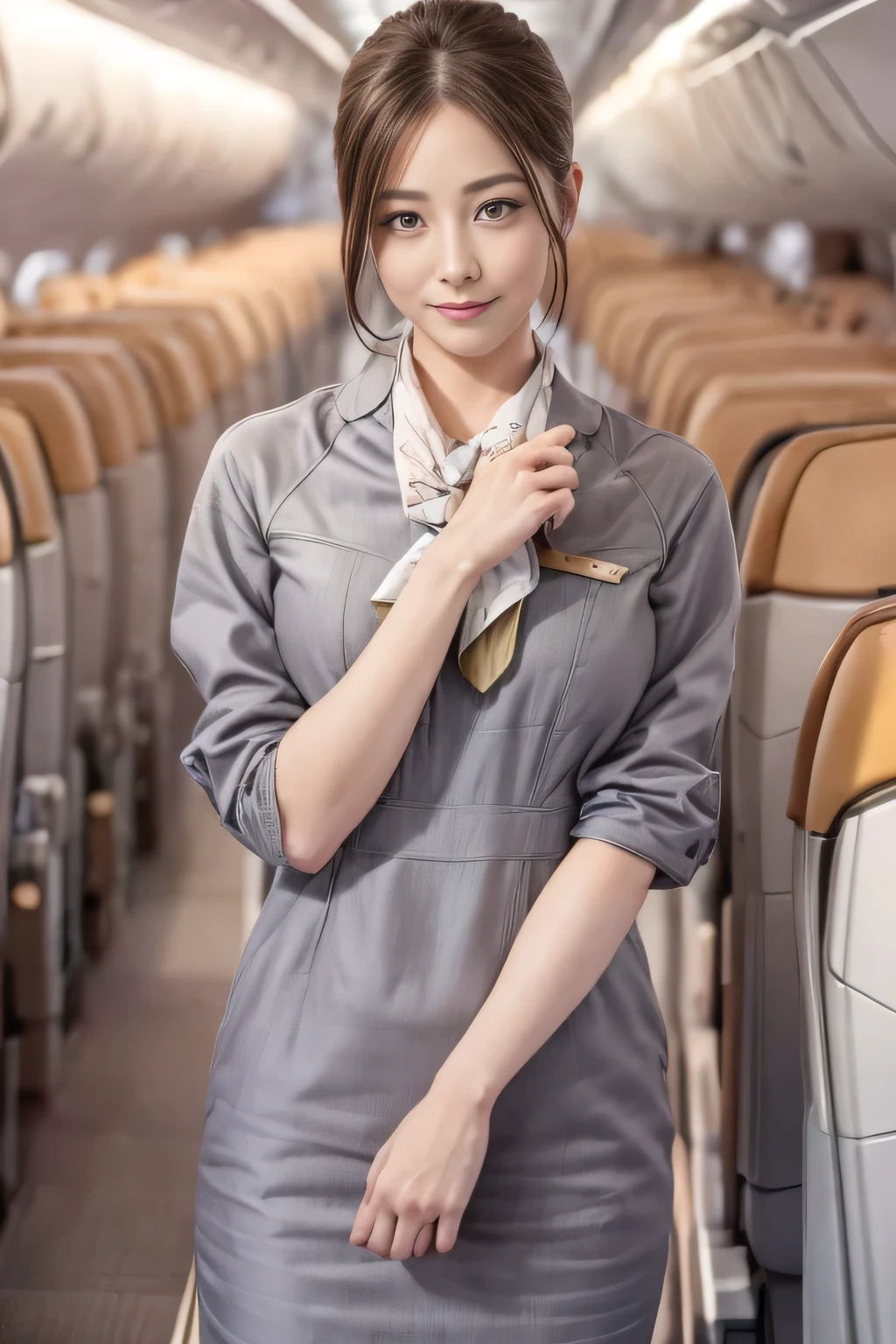 (chef-d&#39;œuvre:1.2、la plus haute qualité:1.2)、32K HDR、haute résolution、(seul、1 fille、silhouette mince)、（Style réaliste avec l&#39;uniforme de Starlux Airlines）、 (À bord d&#39;un avion de ligne, Éclairage professionnel)、Une vraie femme, Beau visage,、（Uniforme argenté de Starlux Airlines:1.4）、（Uniforme argenté de Starlux Airlines with short sleeves）、（foulard sur la poitrine）、Gros seins、（chignon cheveux longs、chignon）、les cheveux brun foncé、Tir lointain、（（Belle main：2.0））、（（Des proportions corporelles harmonieuses：1.5））、（（Membres normaux：2.0））、（（Doigt normal：2.0））、（（Yeux délicats：2.0））、（（Yeux normaux：2.0））)、Belle posture debout