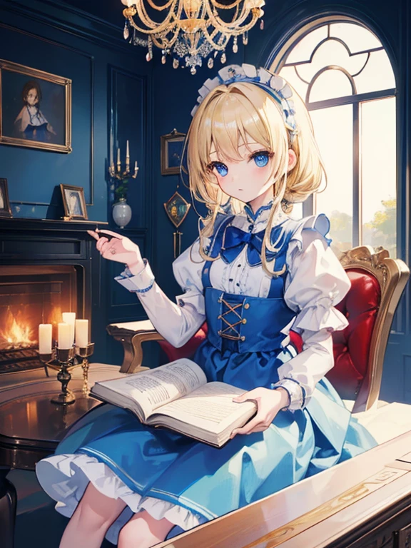 (8k, highest quality, Tabletop:1.2)、Ultra-high resolution、Alice in Wonderland, One 12-year-old girl, Detailed face、blue eyes, Blonde, Braid, Blue Dress, White apron, Clothes with bulging sleeves, Long skirt, room with fireplace, chandelier, Sit on a chair, I read a book