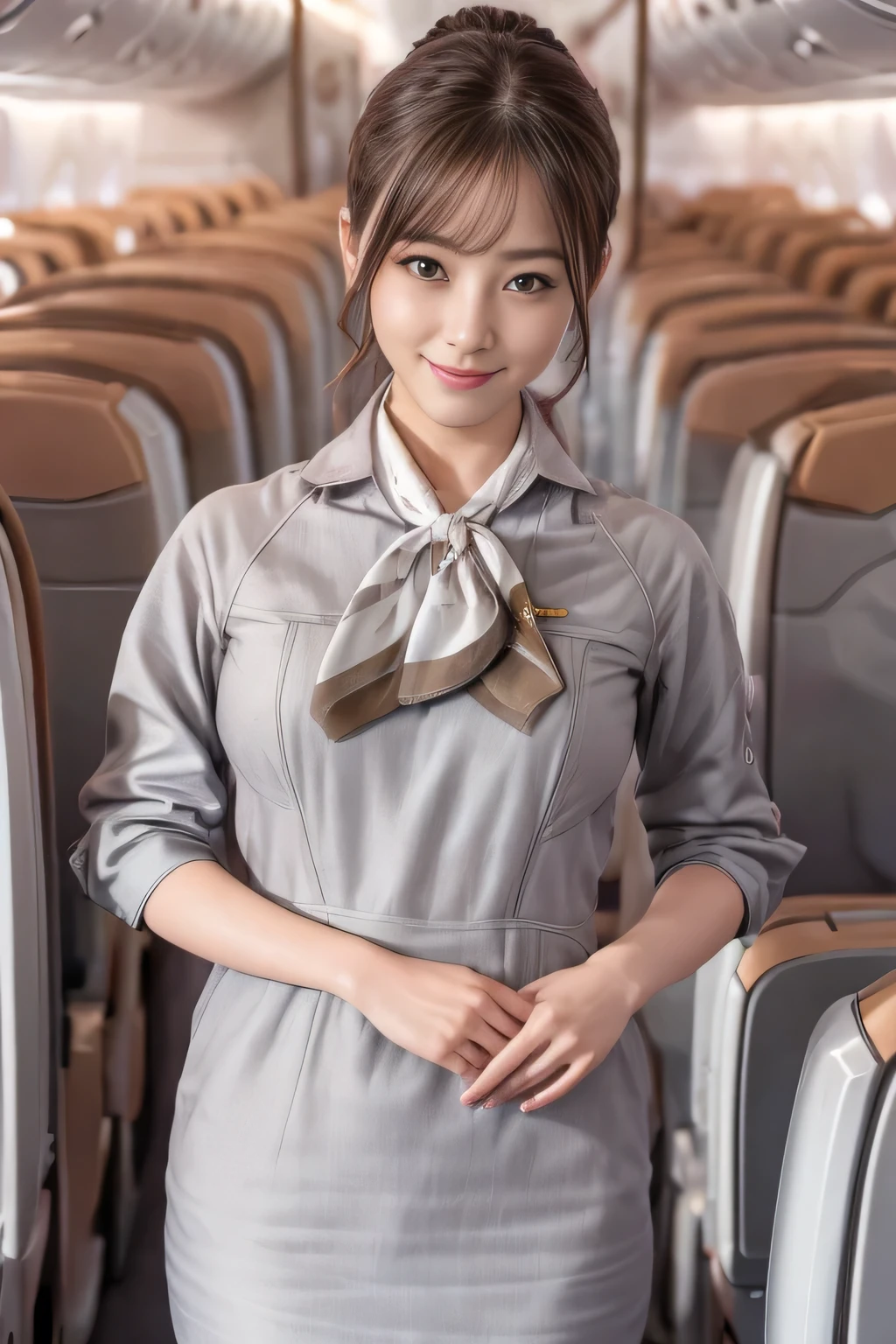 (chef-d&#39;œuvre:1.2、la plus haute qualité:1.2)、32K HDR、haute résolution、(seul、1 fille、silhouette mince)、（Style réaliste avec l&#39;uniforme de Starlux Airlines）、 (À bord d&#39;un avion de ligne, Éclairage professionnel)、Une vraie femme, Beau visage,、（Uniforme argenté de Starlux Airlines:1.4）、（Uniforme argenté de Starlux Airlines with short sleeves）、（foulard sur la poitrine）、Gros seins、（chignon cheveux longs、chignon）、les cheveux brun foncé、Tir lointain、（（Belle main：2.0））、（（Des proportions corporelles harmonieuses：1.5））、（（Membres normaux：2.0））、（（Doigt normal：2.0））、（（Yeux délicats：2.0））、（（Yeux normaux：2.0））)、Belle posture debout、sourire