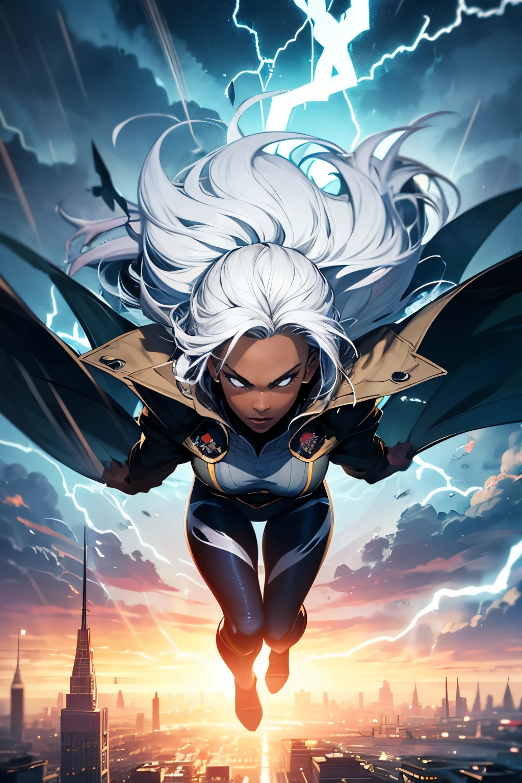 best quality,highres,ultra-detailed,realistic:1.37,professional, black skin, dynamic,action shot,storm character art,storm from the X-Men,storm conjuring lightning,storm with flowing white hair,storm with intense gaze,storm in a powerful pose,strong facial features,storm's iconic cape,storm surrounded by storm clouds,storm with dramatic lighting,storm's eyes glowing white,storm's lightning powers crackling,storm with an intense expression,storm with a determined look,storm wearing her classic costume,storm floating in the air,storm with winds swirling around her,storm creating a thunderstorm,storm casting lightning bolts,storm's cape billowing in the wind,storm with a fierce and confident posture,vivid colors,bokeh,portrait