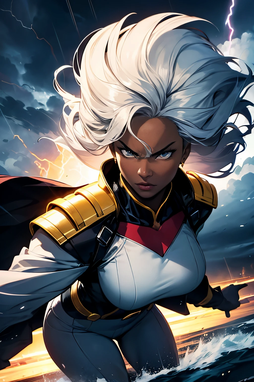 best quality,highres,ultra-detailed,realistic:1.37,professional, black skin, dynamic,action shot,storm character art,storm from the X-Men,storm conjuring lightning,storm with flowing white hair,storm with intense gaze,storm in a powerful pose,strong facial features,storm's iconic cape,storm surrounded by storm clouds,storm with dramatic lighting,storm's eyes glowing white,storm's lightning powers crackling,storm with an intense expression,storm with a determined look,storm wearing her classic costume,storm floating in the air,storm with winds swirling around her,storm creating a thunderstorm,storm casting lightning bolts,storm's cape billowing in the wind,storm with a fierce and confident posture,vivid colors,bokeh,portrait