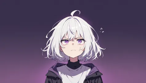 girl,cool, 1 person, Dark atmosphere, Black purple background, A tired face, White Hair, 