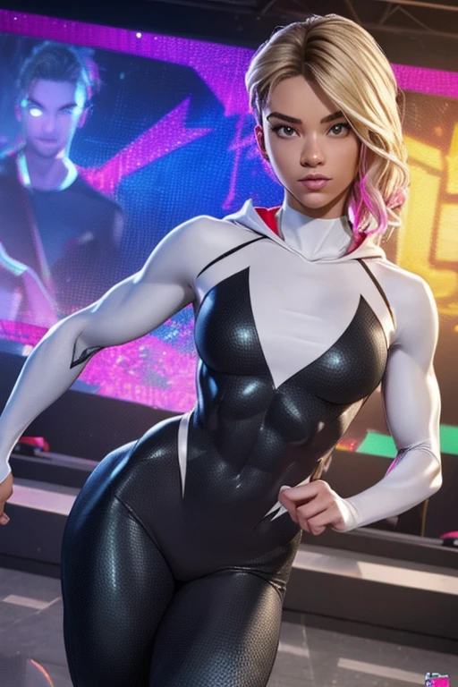 (ultra realistic,32k, masterpiece:1.2), (high detailed skin:1.1), (8k uhd, dslr, high quality:1.1), Gwen, (thin body:1.0), lean body, skinny body, fitness model physique, sexy, slutty, undercut, blonde, multicolored hair, bodysuit, web-print, hood down, (perky breast:1.0), (looking at viewer, Bend forward:1.1), (glow in the dark:1.1), A musical concert environment