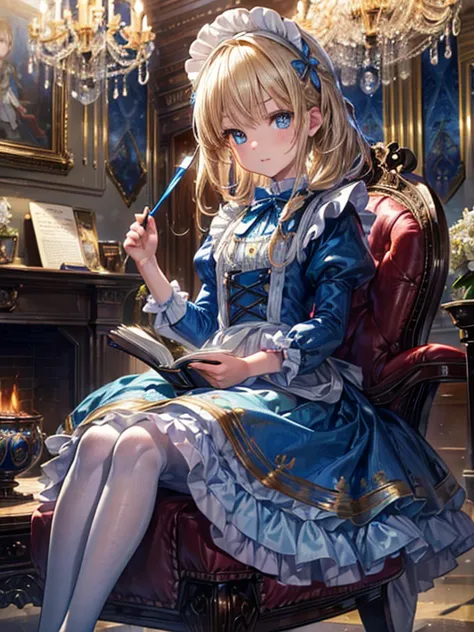 (8k, highest quality, Tabletop:1.2)、Ultra-high resolution、Alice in Wonderland, One 12-year-old girl, Detailed face、blue eyes, Bl...