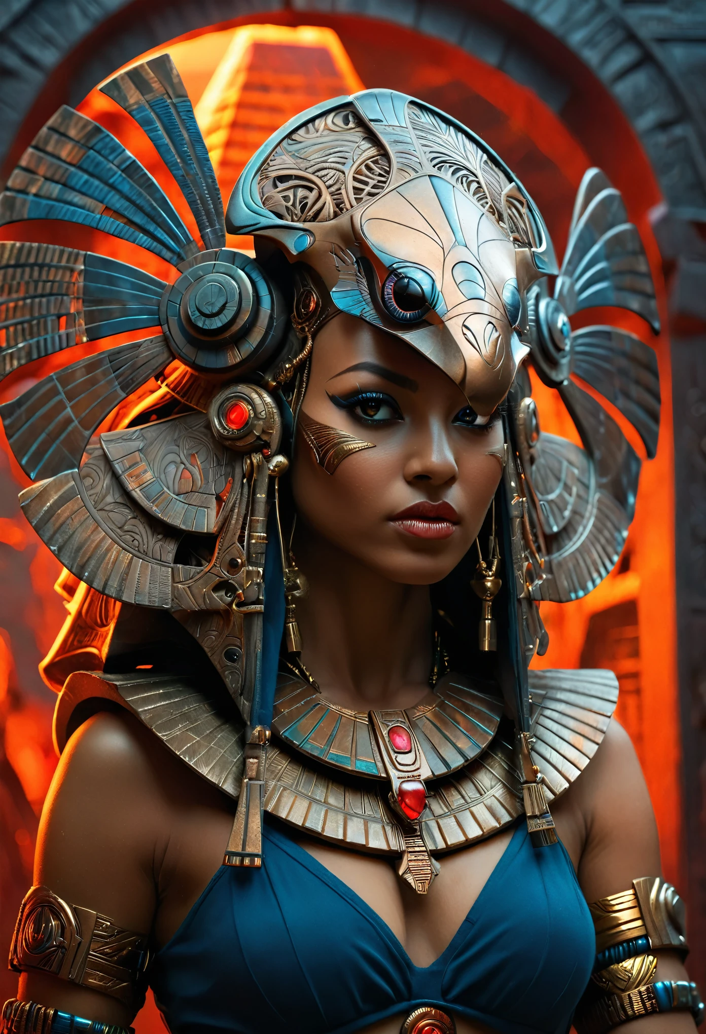 portrait the egyptian female, cyberpunk, black, pyramid, hyperdetailed eyes, hyperrealism extremely detailed epic masterwork, dark fantasy detailed, intricately detailed Splash art trending on Artstation dynamic lighting Eldritch hyperdetailed, red sunset, attacker angel, red light cross, chrome silk with intricate ornate weaved golden filigree, dark mysterious background, (4k), photo realistic, cinematic, movie still, captured in the style of Sony Alpha A7 III camera