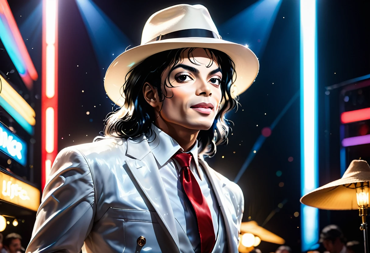 (smoothcriminal),1man\((michael jackson:2.0),white suit,necktie,white hat,singing and dancing,hand on hat,moonwalk\), BREAK ,background\(many spot lights,(live stage),(many audience)\), BREAK ,quality\(intricate details, very sharp, detailed face, detailed skin,8k,wallpaper of extremely detailed CG unit, ​masterpiece,hight resolution,top-quality,top-quality real texture skin,hyper realisitic,increase the resolution,RAW photos,best qualtiy,highly detailed,the wallpaper,cinematic lighting,ray trace,golden ratio\),landscape,long shot,wide shot,dynamic angle