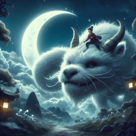 Young boy adventurer riding a gigantic fluffy Goodluck Dragon at night under a crescent moon, fantasy, digital art, the never en...