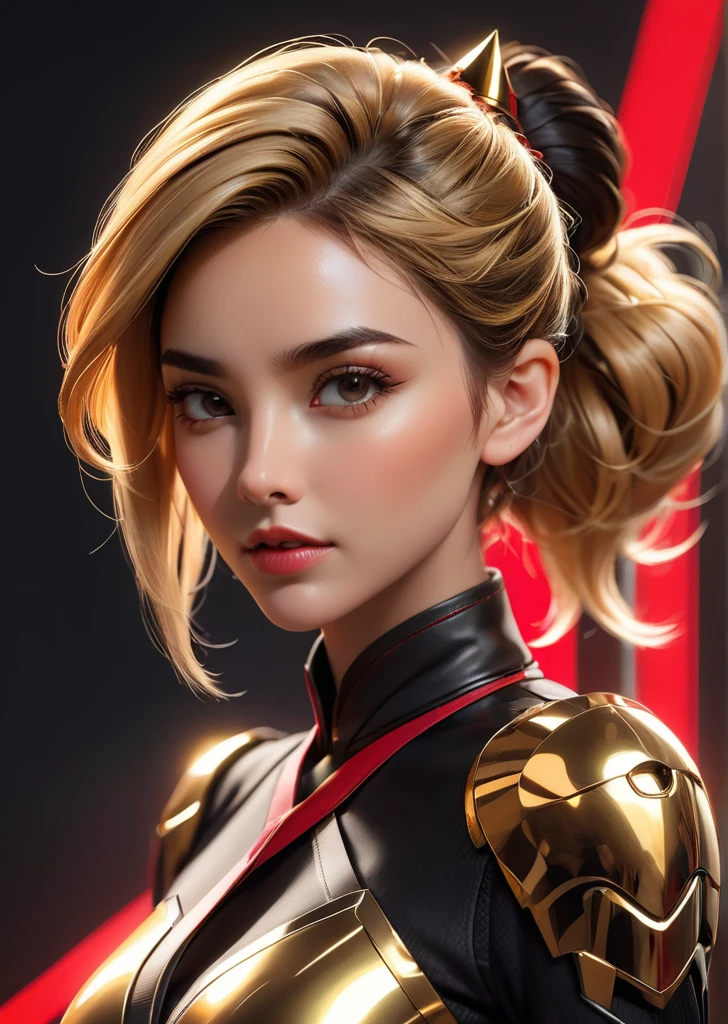 craft a hyper realistic vertical photo of most attractive serious woman in her 30s, blonde hair, small bun, cyberpunk golden mecha elegant cheongsam bodysuit and golden masked psychedelic warrior women, (metallic golden mask), using dark atmosphere mechanical detail cables and using katana black and red color palette gothic style, digital art, modern, sleek, highly detailed, formal, serious, determined, CEO, colorized, smooth, charming, pretty, soft smile, soft lips, black eyes, Trendsetter wolf cut brown hair, Gal Gadot, Emma Watson,
(color-field, conceptual, contemporary, digital, geometric, minimalism)
(   by  Ellen Jewett Raymond Swanland Mike Winkelmann )