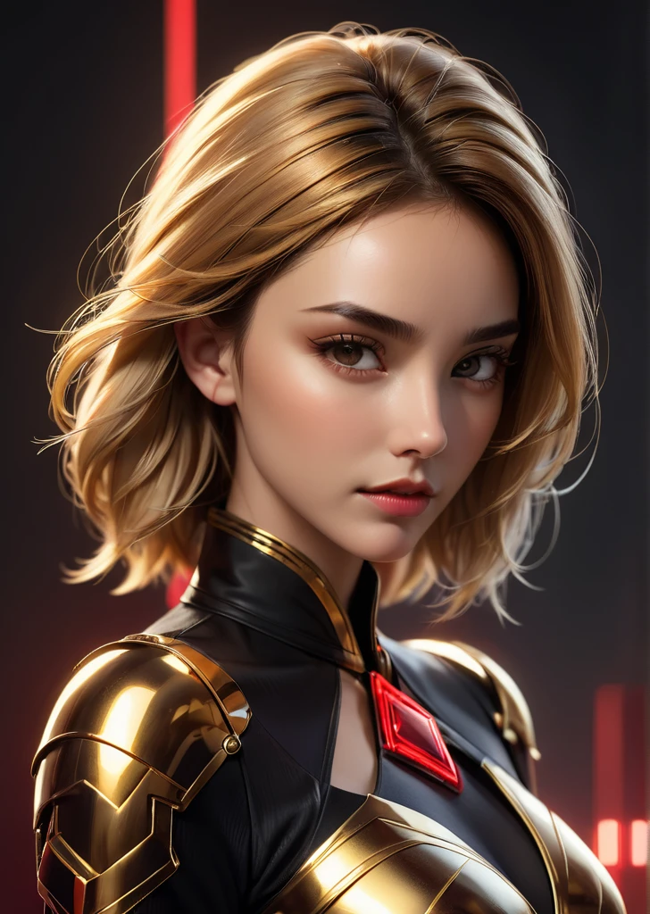 craft a hyper realistic vertical photo of most attractive ernst woman in her 30s, Blondes Haar, kleines Brötchen, Cyberpunk goldener Mecha eleganter Cheongsam-Bodysuit und golden maskierte psychedelische Kriegerinnen, (metallic golden mask), mit dunkler Atmosphäre mechanische Detail Kabel und mit Katana schwarz und rot Farbpalette gotischen Stil, Digital art, modern, glatt, sehr detailliert, formell, ernst, bestimmt, CEO, koloriert, glatt, charmant, hübsch, sanftes Lächeln, weiche Lippen, schwarze Augen, Trendsetter Wolfsschnitt braune Haare, Gal Gadot, emma watson,
(Farbfeld, konzeptionell, zeitgenössisch, Digital, geometrisch, Minimalismus)
(   by  Ellen Jewett Raymond Swanland Mike Winkelmann )