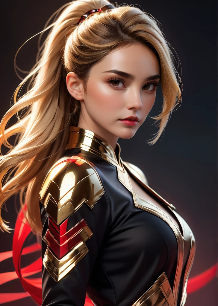 craft a hyper realistic vertical photo of most attractive ernst woman in her 30s, Blondes Haar, kleines Brötchen, Cyberpunk goldener Mecha eleganter Cheongsam-Bodysuit und golden maskierte psychedelische Kriegerinnen, (metallic golden mask), mit dunkler Atmosphäre mechanische Detail Kabel und mit Katana schwarz und rot Farbpalette gotischen Stil, Digital art, modern, glatt, sehr detailliert, formell, ernst, bestimmt, CEO, koloriert, glatt, charmant, hübsch, sanftes Lächeln, weiche Lippen, schwarze Augen, Trendsetter Wolfsschnitt braune Haare, Gal Gadot, emma watson,
(Farbfeld, konzeptionell, zeitgenössisch, Digital, geometrisch, Minimalismus)
(   by  Ellen Jewett Raymond Swanland Mike Winkelmann )