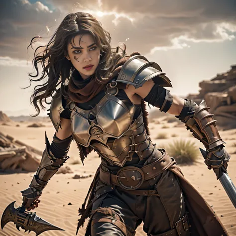 busty brunette warrior, masterpiece, best quality, hyperrealistic, 16k hdr, photorealistic, cinematic, armored, sword in hand, b...